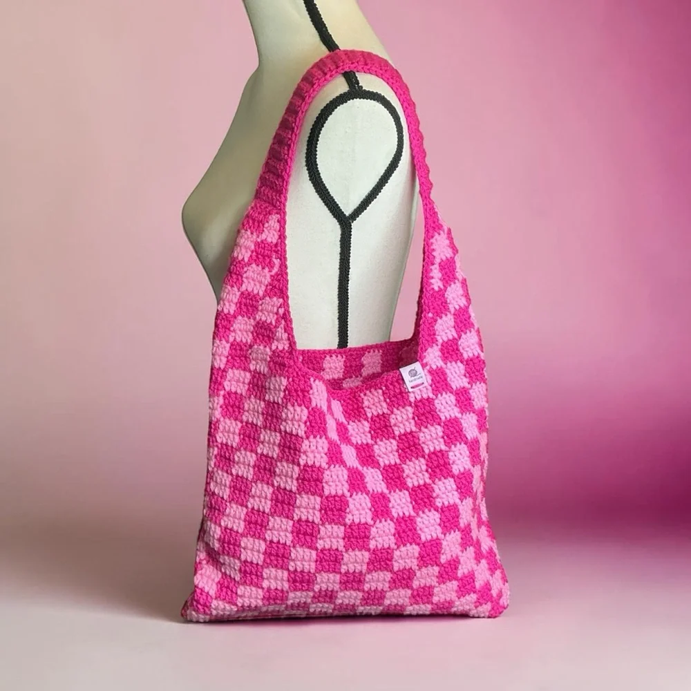 Handmade Magenta & Rose Pink Checker Checkerboard Crochet Shoulder Tote Bag‎